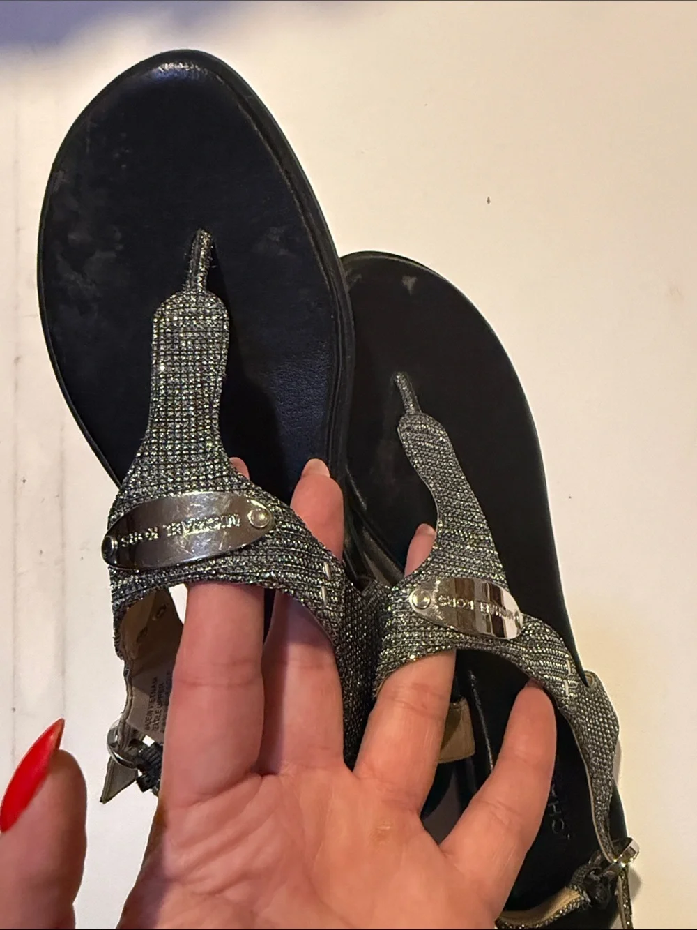 Michael Kors Black T-Strap Embellished Sandals for Women